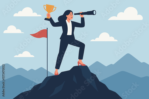 Businesswoman victory achievement concept. Success champion on mountain top with trophy searching for next mission, goal or target. Leadership vision for a new challenge. Winner.