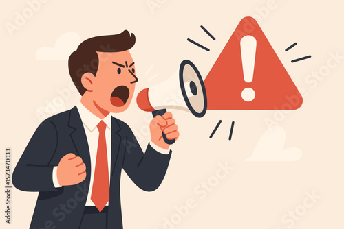 Warning message. Businessman shouting on megaphone. Danger alert, emergency attention. Important safety or urgency announcement. Crisis communication and protest concept vector.