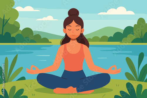 Yoga meditation concept. Woman practicing mindfulness by lake in summer. Zen balance, mental health wellness. Calm girl in lotus pose. Serene nature park cartoon illustration.