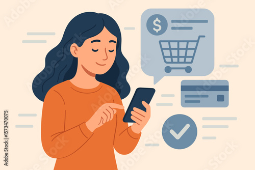 Woman using smartphone for online payment and shopping. E-commerce, mobile banking concept. Customer buying on internet store. Secure transaction. Flat vector illustration.