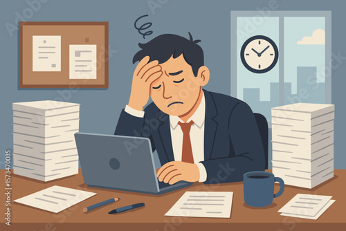 Work stress, burnout concept. Overworked, tired businessman is frustrated by deadline. Anxiety, fatigue, and headache from pressure. Man overwhelmed by an office project.