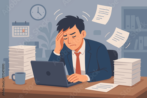 Work stress, tired, fatigue, overworked, busy to finish project within deadline, anxiety, exhaustion, headache concept, frustrated businessman sitting on office.