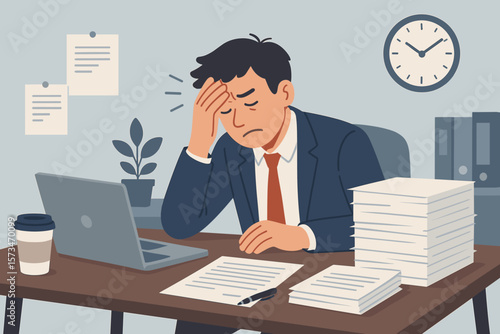 Work stress and burnout concept. Frustrated, tired and overworked businessman feeling exhausted and anxious from project deadline pressure. Mental health and fatigue metaphor.