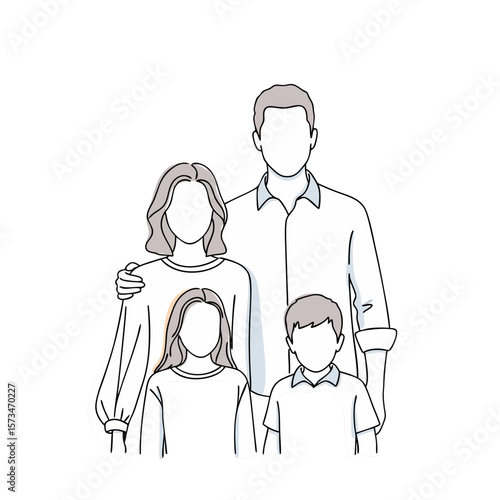 Portrait of a happy nuclear family. Family values, love, and togetherness concept. Minimalist line art illustration for insurance ads, family counseling services, or holiday cards.