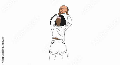 African American woman playing basketball. Female athlete illustration for sports marketing or women's empowerment campaigns. Line art character design with copy space for posters and flyers.
