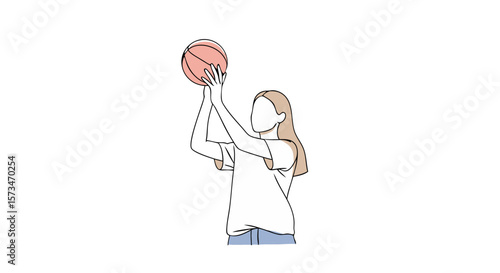 Faceless female basketball player preparing to shoot. Minimal line art character for sports-themed design projects. Active lifestyle and team game concept for posters or social media. Copy space.