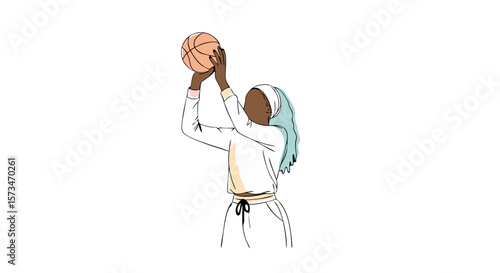 Woman playing basketball, shooting a hoop. An Afro-American athlete illustration promoting diversity and inclusion in sports. Line art vector for banners or community events. Empowerment concept.