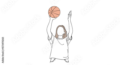 Faceless woman shooting a basketball. Minimalist line art illustration of a female athlete in action. Sports and recreation concept for web graphics, posters, or t-shirt designs. With copy space.
