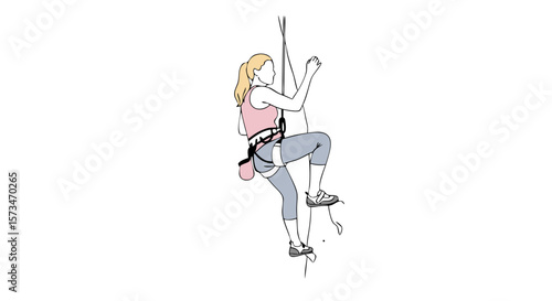 Woman rock climbing on an indoor wall. Female climber illustration showing strength and determination. Adventure sports and fitness concept for gym promotions, posters, or blog graphics.