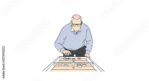Senior man enjoying a game of shuffleboard. Illustration of active retirement and leisure activities for seniors. Concept for community center flyers, healthcare articles, or retirement planning blogs