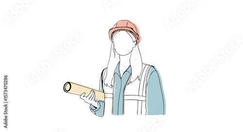 Faceless female engineer in a hard hat holding blueprints. Women in STEM and construction industry concept. Minimalist line art illustration for career websites or engineering school brochures.