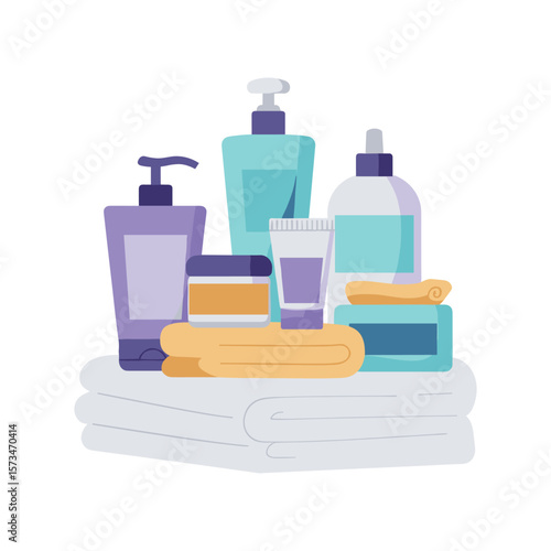 Assorted skincare and bath products on towels for relaxing home spa – stock vector in colorful flat style