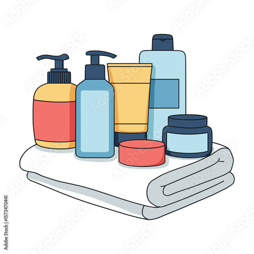 Variety of toiletries on towel including bottles and jars – stock vector in colorful flat style