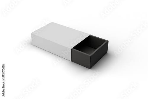 Open sliding box with white sleeve and black interior, angled view, isolated on transparent background with soft shadow