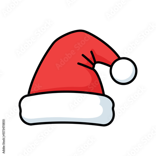 Cartoon santa hat with white fur trim and red top – stock vector in colorful flat style