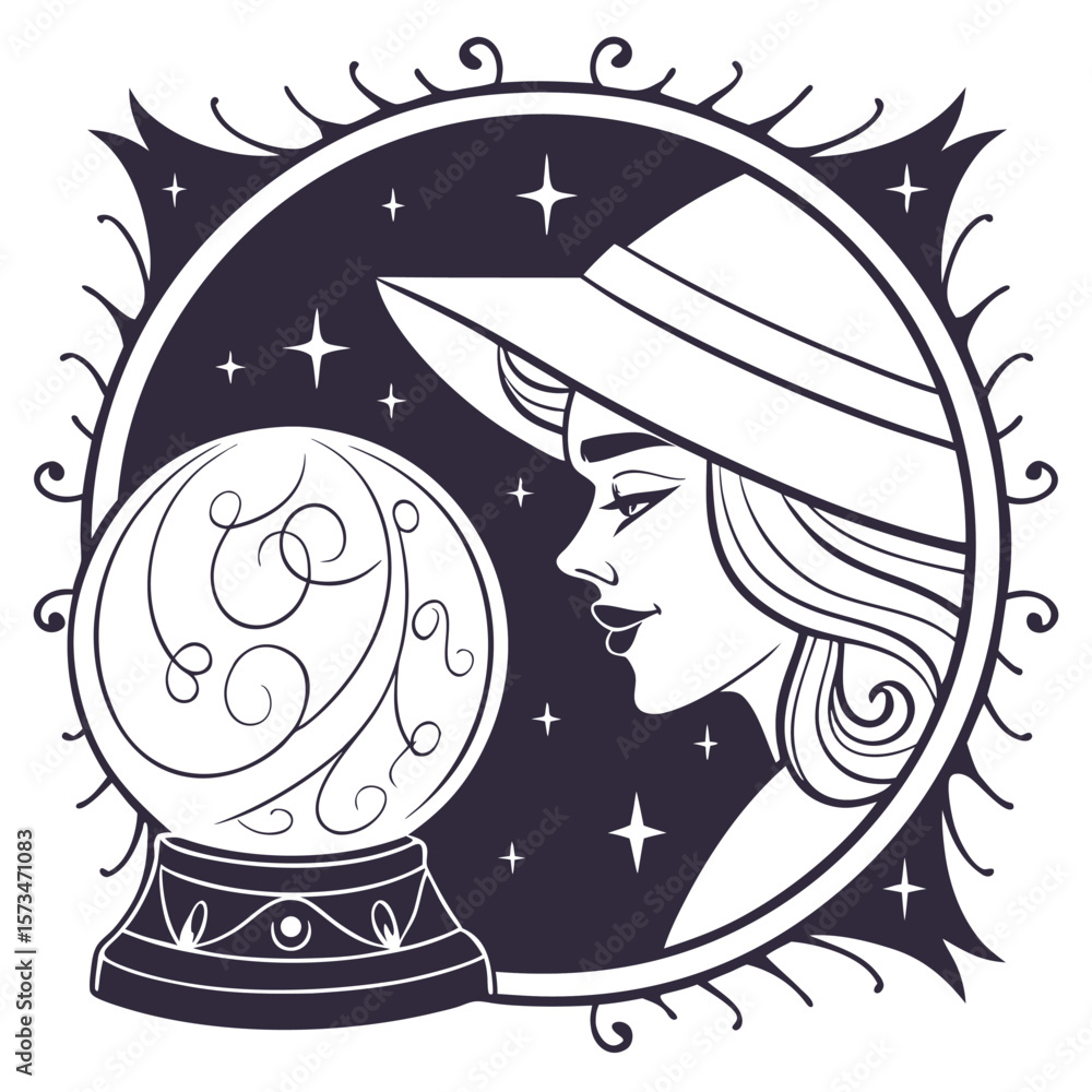 custom made wallpaper toronto digitalIllustration of a witch with a hat looking at a crystal ball inside a decorative circle with stars and swirls