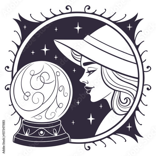 Illustration of a witch with a hat looking at a crystal ball inside a decorative circle with stars and swirls