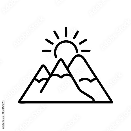 Mountain landscape with sun in minimalist line art style Concept of icon  