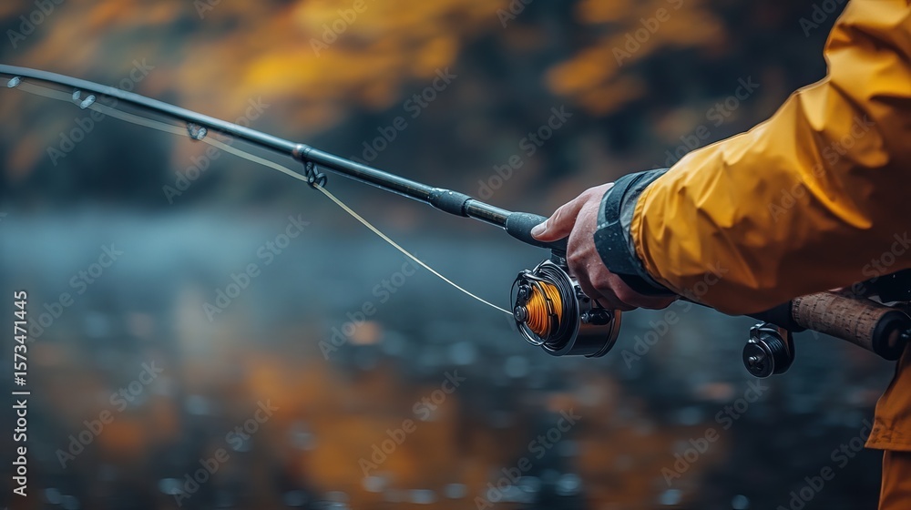 Person's hand gripping a fishing rod in yellow jacket, with blurred background of water and autumn foliage. Person's hand gripping a fishing rod in yellow jacket, with blurred background of water and autumn foliage.