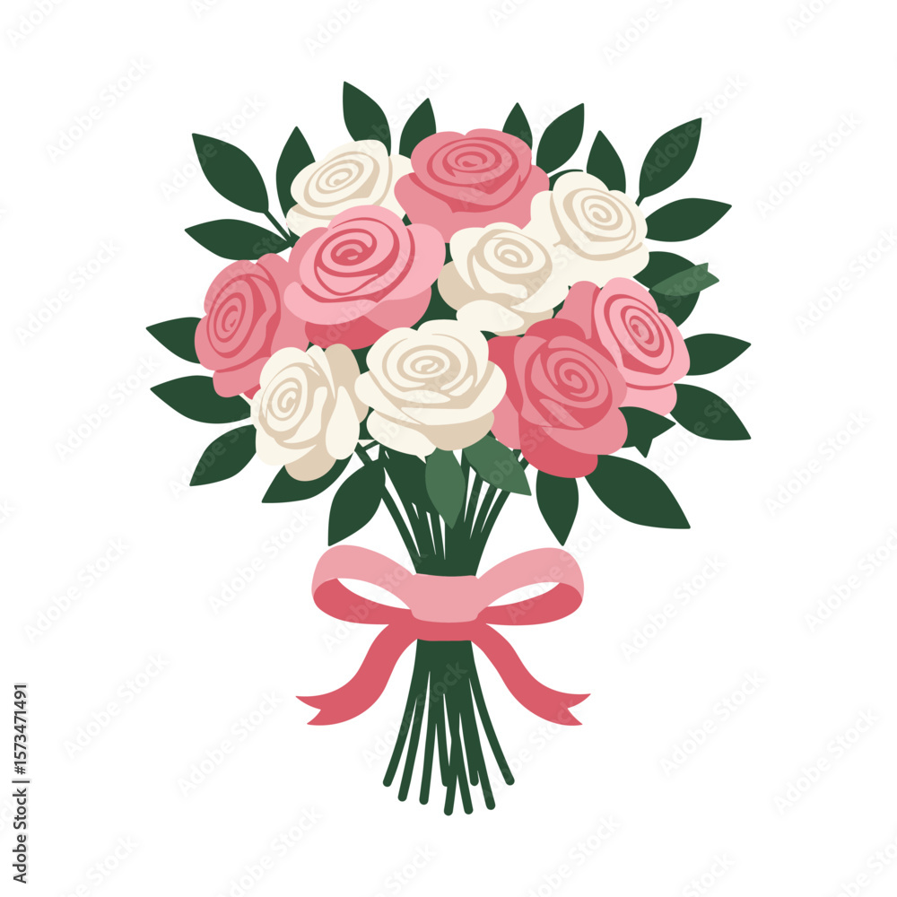 Fototapeta premium Elegant bouquet of pink and white roses with green leaves and bow – stock vector in colorful flat style
