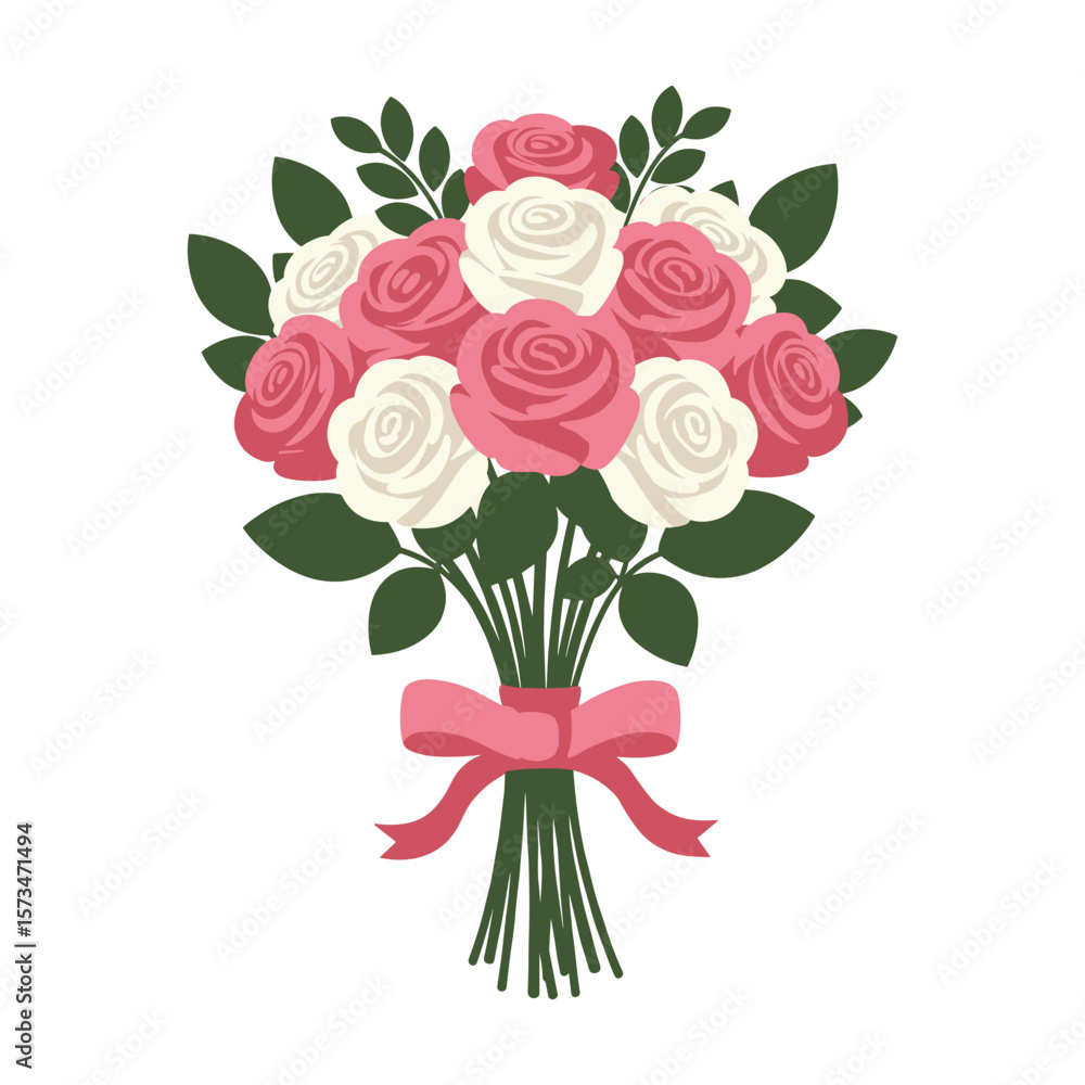 Fototapeta premium Elegant bouquet of pink and white roses with leaves and pink ribbon – stock vector in colorful flat style