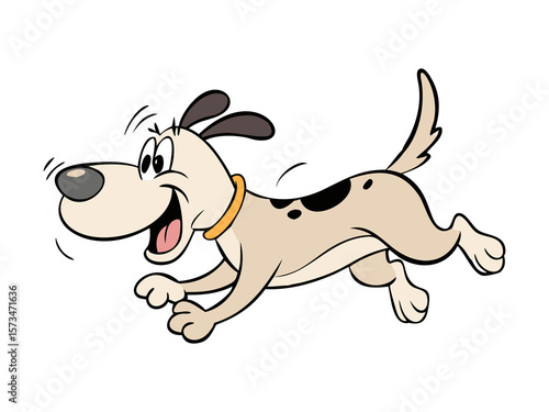 Exaggerated retro dog character running with excitement and floppy ears in vintage cartoon style