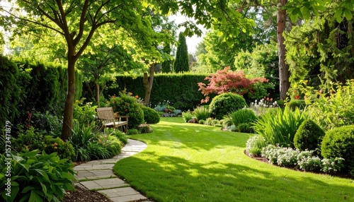 Fototapeta Naklejka Na Ścianę i Meble -  Lush garden with sunlit paths