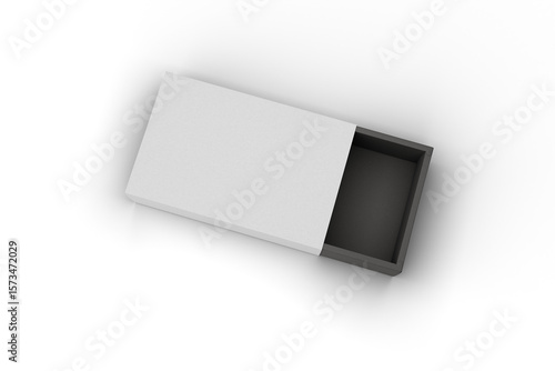 Top view of open sliding box with white sleeve and black interior, isolated on transparent background with soft shadow