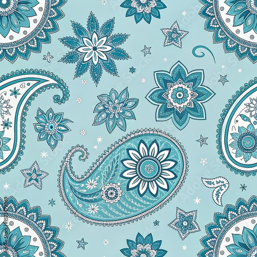 A decorative pattern featuring paisley shapes and floral designs in shades of teal and white on a light blue background. The design is intricate and symmetrical.
