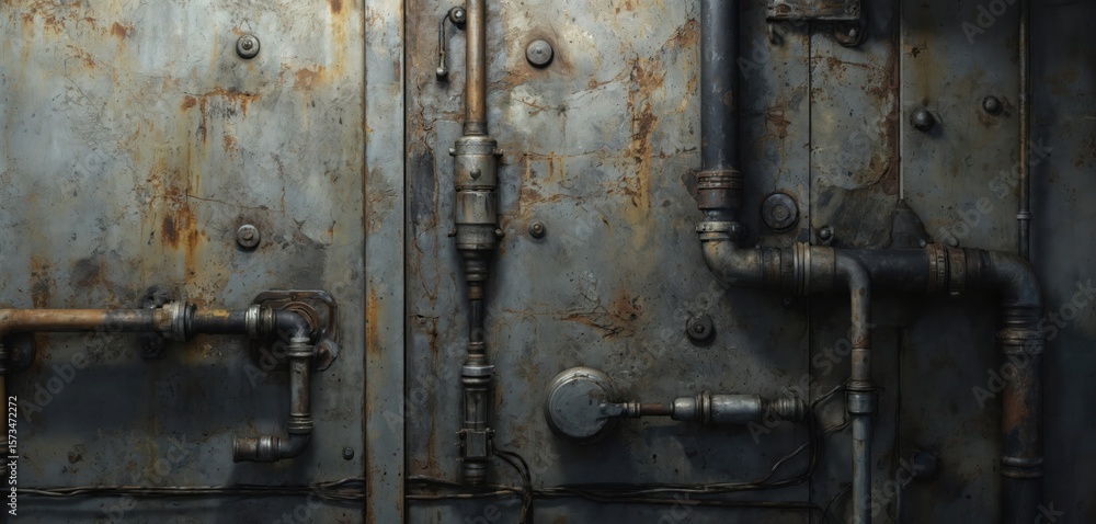 Metallic surface with exposed pipes, wiring, weathered, rusted, aged, distressed, metal texture. Curved pipes extend across frame, creating sense of depth. Slightly elevated angle adds perspective, Metallic surface with exposed pipes, wiring, weathered, rusted, aged, distressed, metal texture. Curved pipes extend across frame, creating sense of depth. Slightly elevated angle adds perspective,