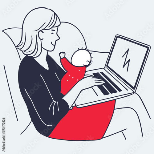 Woman working on laptop while holding infant child