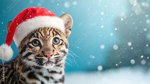 Cute leopard cub wearing Santa hat during winter holiday season