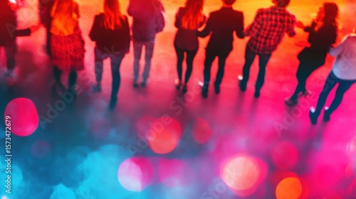 Friends celebrate on a vibrant dance floor during an evening gathering