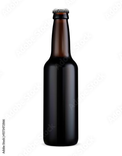 Beer bottle. Small craft ale dark glass mockup. Cool pub brewery brand concept, advertising template design. Amber glasses bottle with silver cap, minimalist alcohol lager