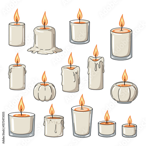 Set of various burning candles with unique shapes and dripping wax – stock vector in colorful flat style