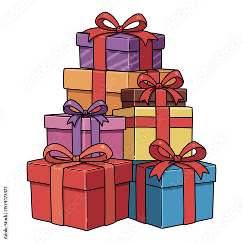 Stack of colorful gift boxes with ribbons in a cartoon style – stock vector in colorful flat style