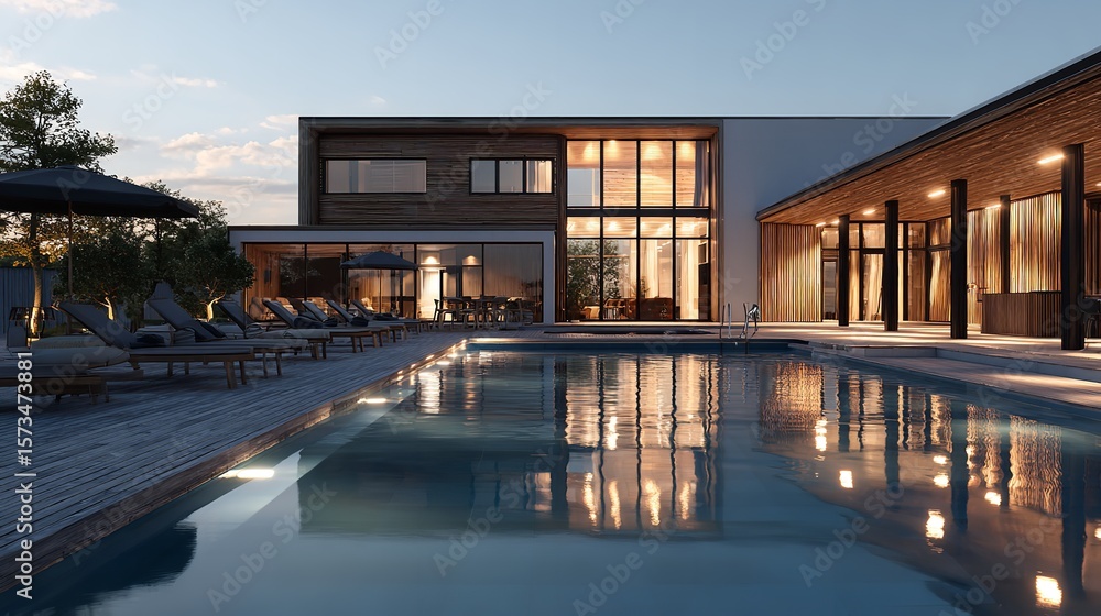 Obraz premium Luxurious Modern House with Pool at Twilight Showcasing Architectural Elegance