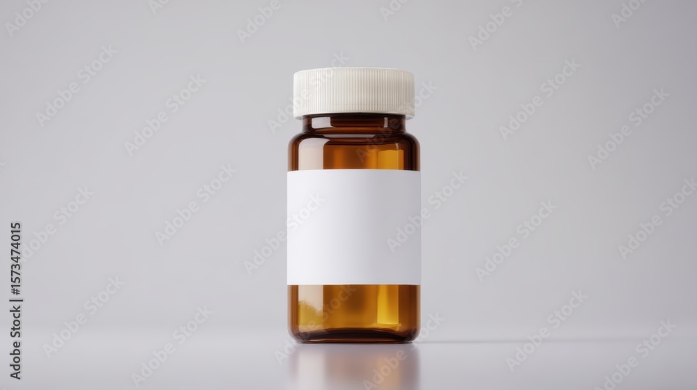 An amber medicine bottle with a blank label stands ready for branding, a symbol of health, remedy, and the promise of wellness. An amber medicine bottle with a blank label stands ready for branding, a symbol of health, remedy, and the promise of wellness.