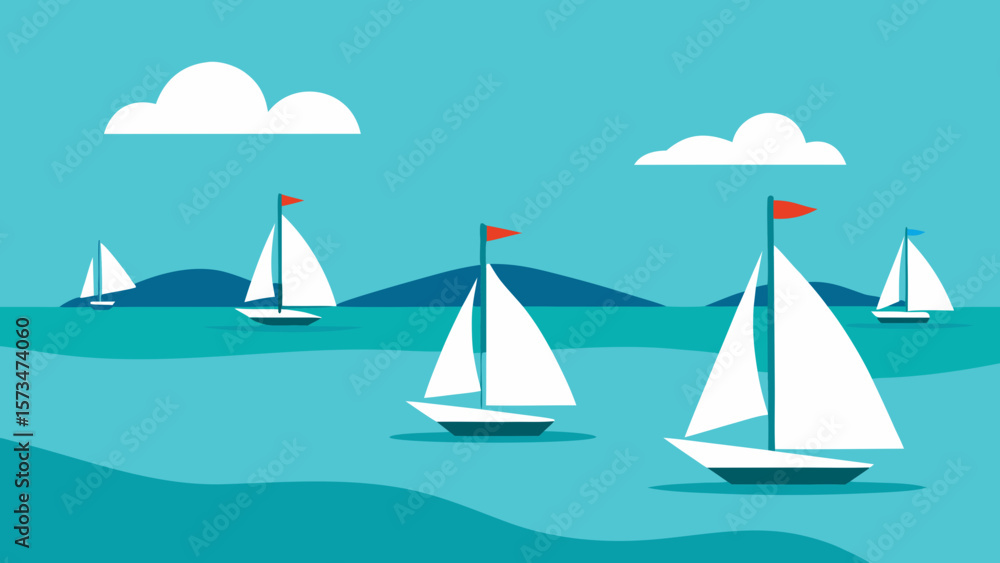 Naklejka premium A majestic yacht and a graceful sailboat cruise on the shimmering blue sea, embodying the essence of summer travel and nautical adventure