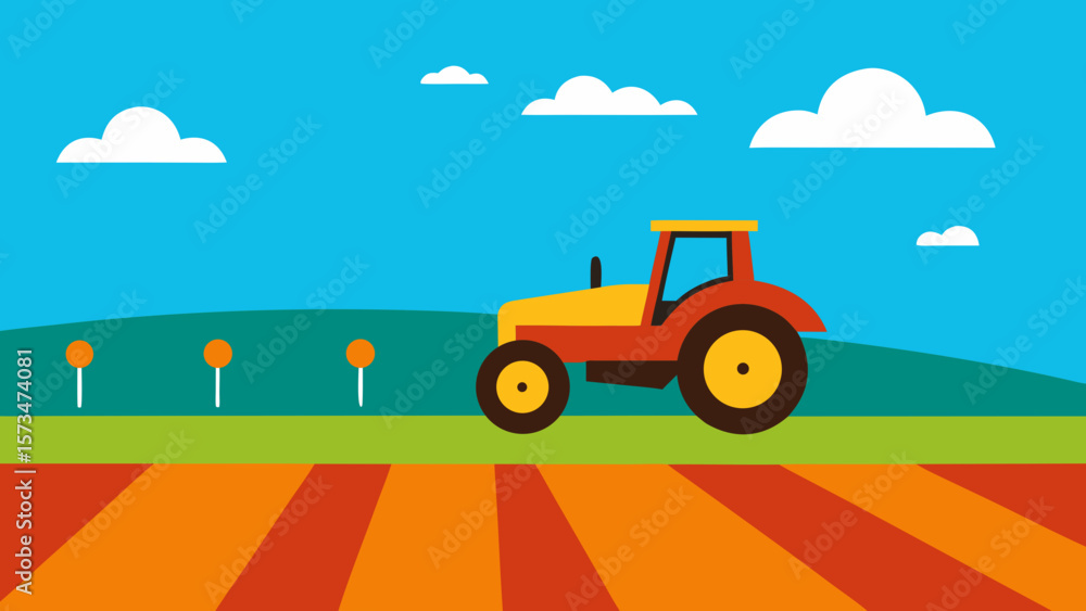 Naklejka premium Blue sky frames a cartoon toy tractor on a field, an iconic transport vehicle