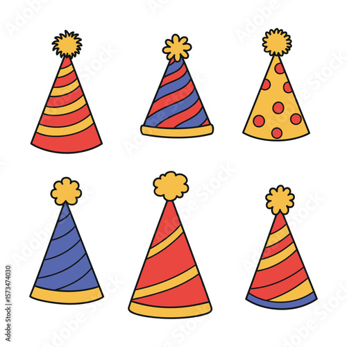 Colorful party hats with pom-poms in various patterns and designs – stock vector in colorful flat style