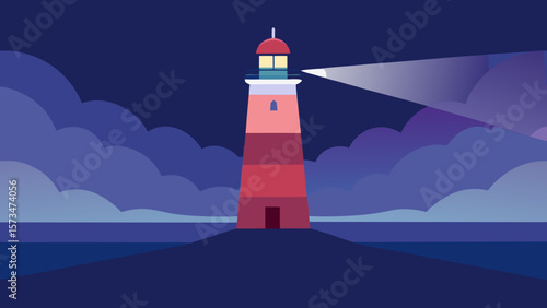 White lighthouse beacon guides navigation on the island coast, its light piercing the night sky over the dark sea