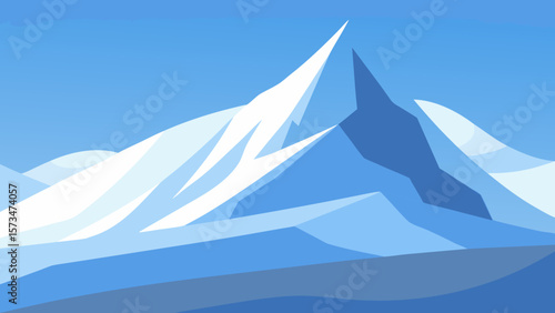 A stunning mountain landscape vector illustration features snow-capped peaks under a blue sky