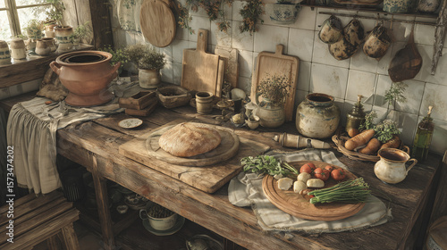 Wallpaper Mural Cozy rustic farmhouse kitchen featuring a wooden dining table, fresh vegetables, and a bread basket, embodying a warm, welcoming, and authentic country style. Torontodigital.ca