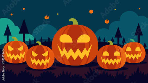 Spooky Halloween pumpkin background with carved jack-o'-lanterns, perfect for an October night's evil celebration