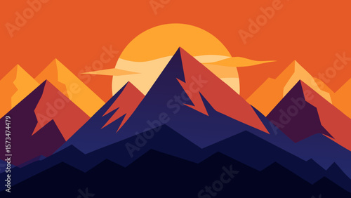 Egyptian desert landscape with pyramids, mountains, and a vibrant sunset sky