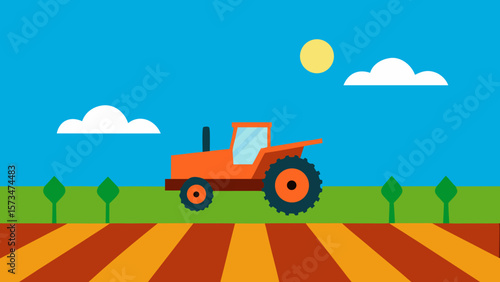 Red agricultural tractor machinery on a green rural farm field