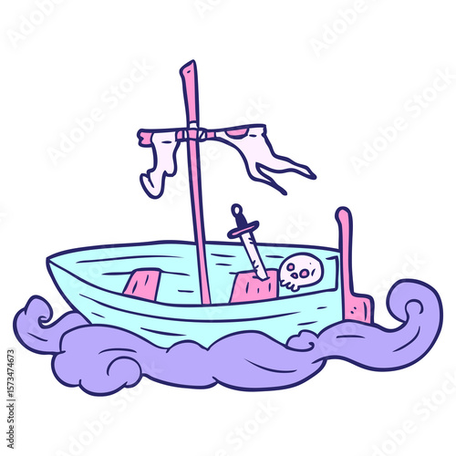 Εκτύπωση καμβά cartoon old shipwrecked boat in bright neon color