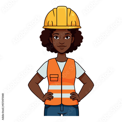 African female young engineer wearing safety vest and hard hat – stock vector in colorful flat style