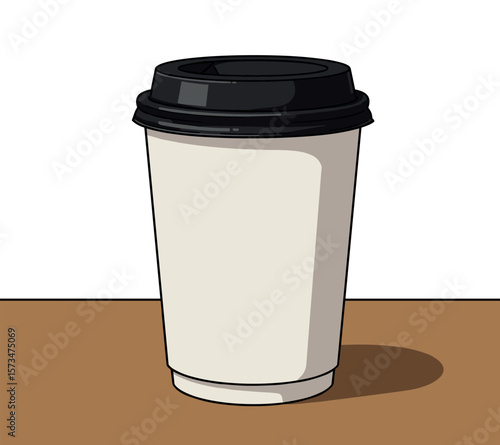 Disposable coffee cup with black lid on wooden surface – stock vector in colorful flat style